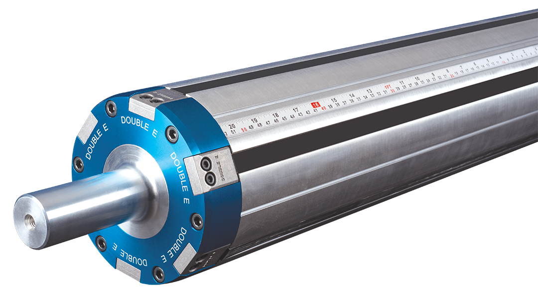 Double E external element strip shafts for multiple slit rewinding.
